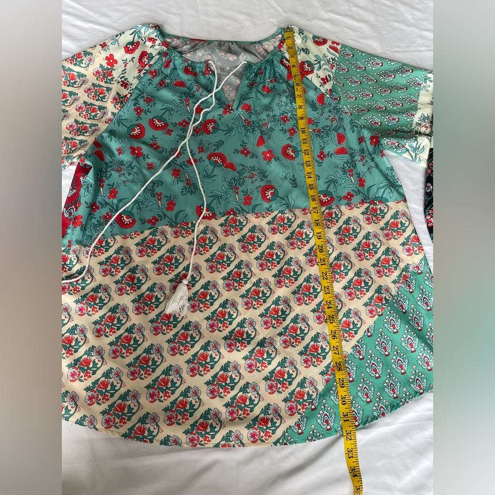 Patchwork Boho Peasant Blouse Top 2XL Floral Spring Balloon Sleeve Casual Tassel - Picture 12 of 16